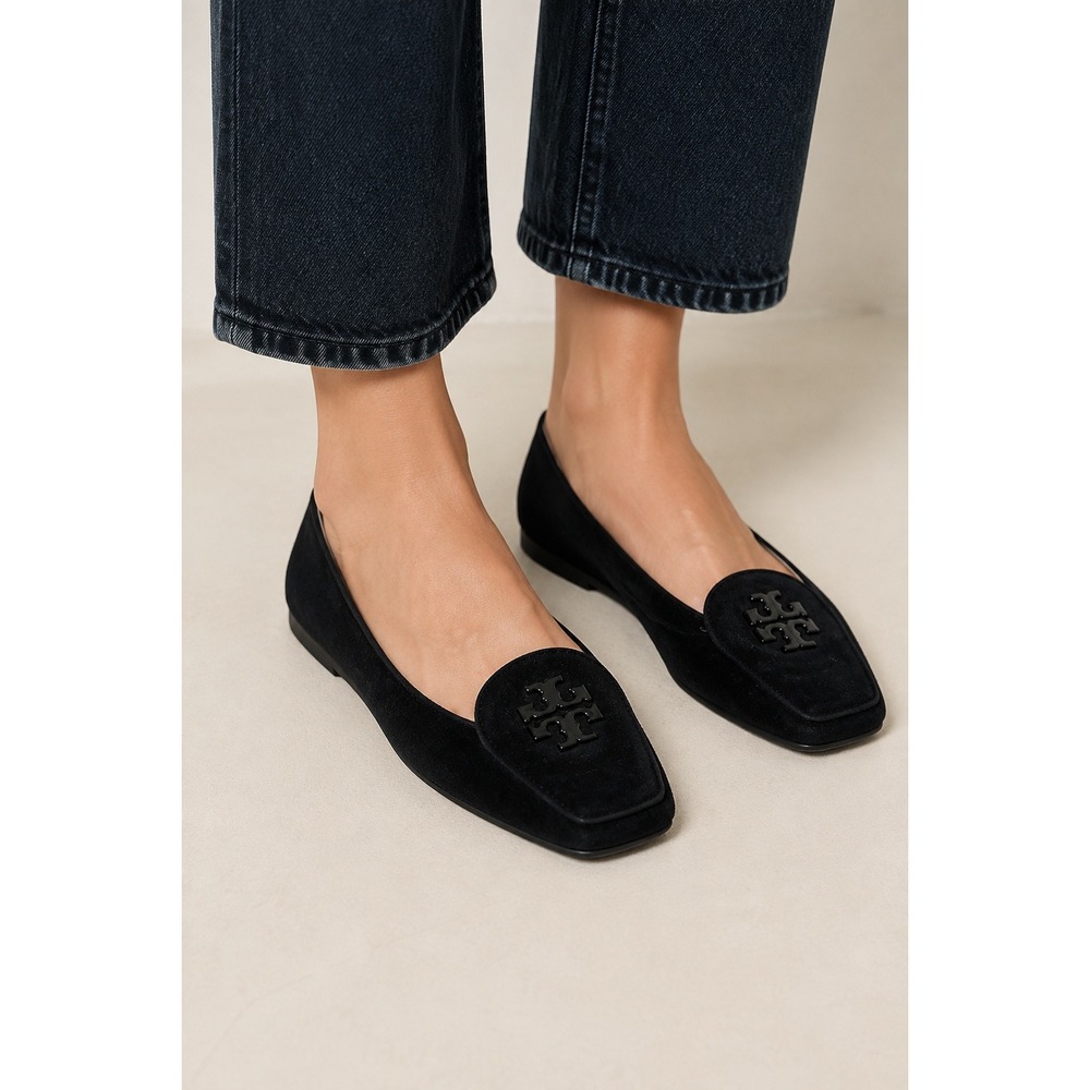 Tory Burch Black Suede Square Toe Loafers Double T Logo 6098 Womens 7.5M